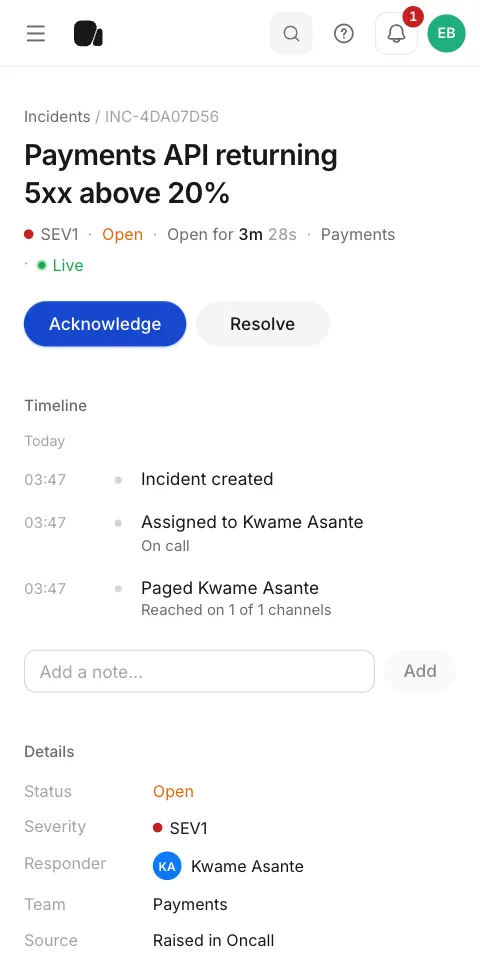 An incident on a phone: Payments API returning errors, with Acknowledge and Resolve buttons and the timeline.